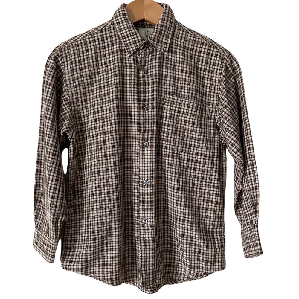 GAP Boy’s Button Up Brown Beige Plaid Casual Shirt Medium